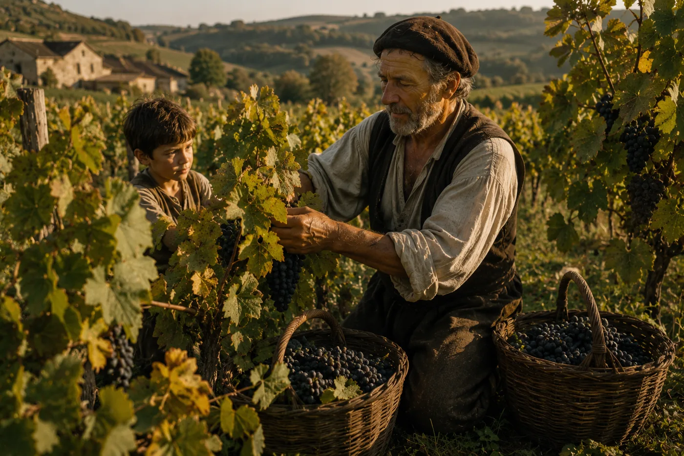 An imagined vineyard scene featuring an older worker and child